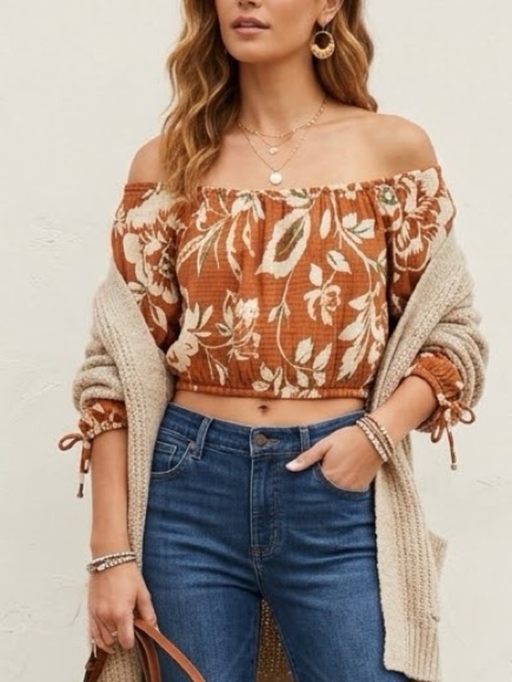 By Anthropologie Cotton Off the Shoulder Crop Top Short Sleeve Terracotta Medium
